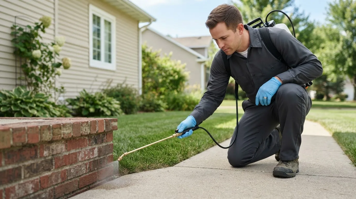 Pest control technician treating a home near Larslan, MT